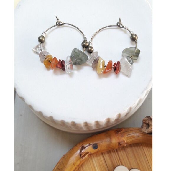boho earrings 374#mfs Agate gemstone hoop earrings and Quartz gemstone chip mix - Picture 3 of 5